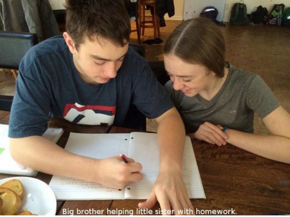 Big brother helping little sister with homework.